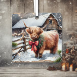 Vintage Farm and Highland Cow Christmas  Metal Tree Decoration<br><div class="desc">Personalised square Christmas ornament. A vintage farm with a baby Highland cow standing outside on a snowy winter day.</div>