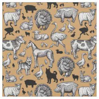 Vintage Farm Animal Drawing Fabric