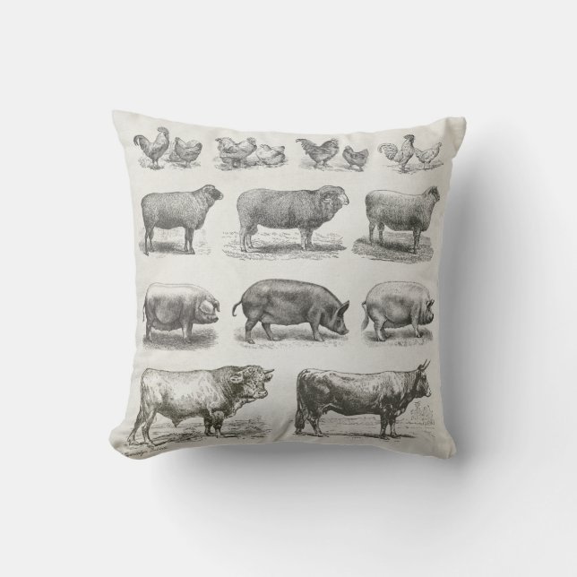 Vintage farm animal pillow in whites & greys. (Front)