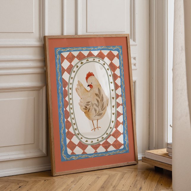 Vintage Farm Animal Print (Colorful chicken wall art print for farmhouse nursery and kids room decor)