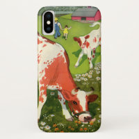 Vintage Farm Animals, Cows Grazing with Farmer