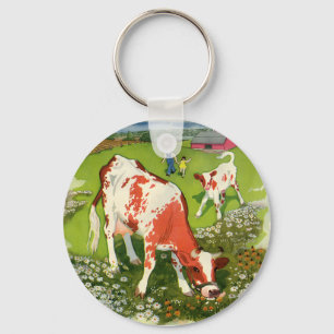 Vintage Farm Animals, Cows Grazing with Farmer Key Ring