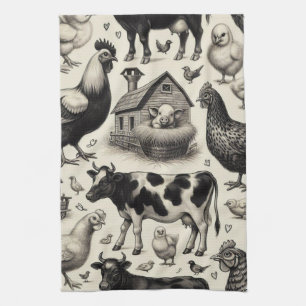 Vintage Farm Animals Painting Tea Towel