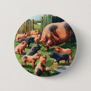 Vintage Farm Animals, Pig with Cute Baby Piglets 6 Cm Round Badge