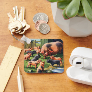 Vintage Farm Animals, Pig with Cute Baby Piglets Key Ring