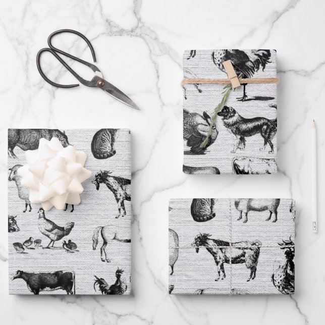 Vintage Farm Animals Rustic Collage Wrapping Paper Sheet (Front)