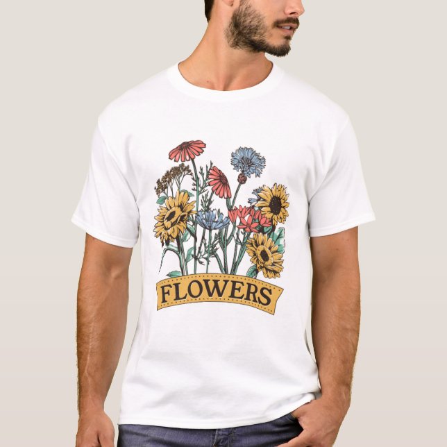 Vintage Farm Cut Flower Bouquet Label T-Shirt (Front)