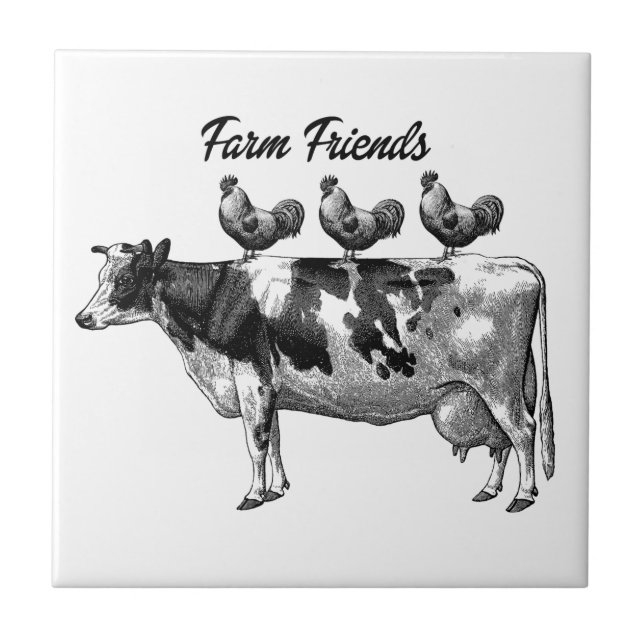 Vintage farm friends cow roosters tile (Front)