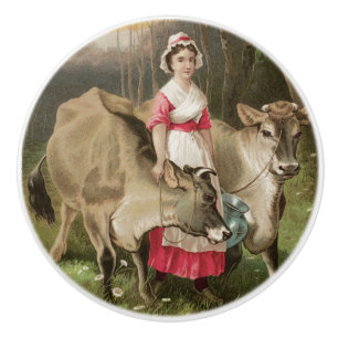 Vintage Farm Girl and Cow Ceramic Knob