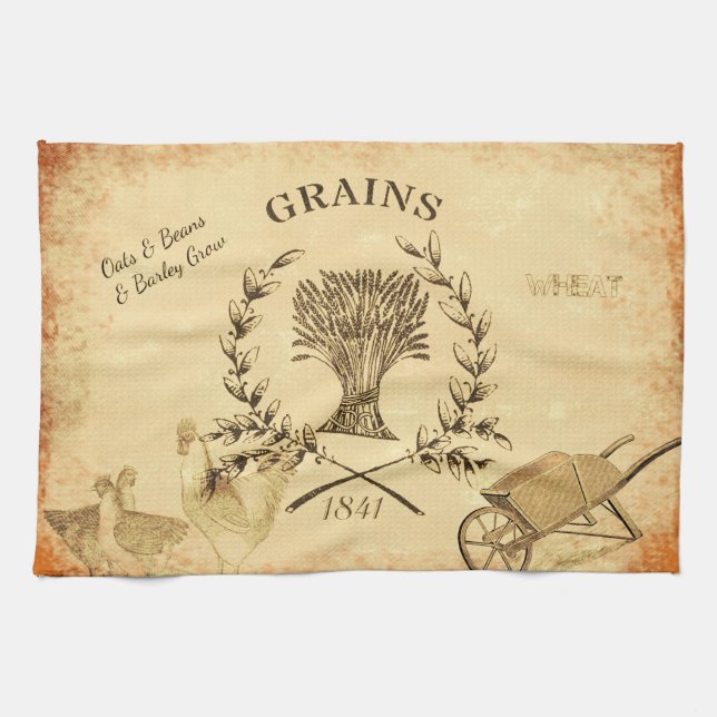 Vintage Farm Grain Sack Chicken Collage Tea Towel (Horizontal)