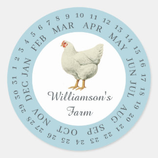 Vintage Farm Hen Encircled Date Egg Carton Blue Classic Round Sticker