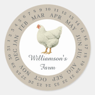 Vintage Farm Hen Encircled Date Egg Carton Grey Classic Round Sticker