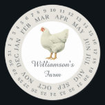 Vintage Farm Hen Encircled Date Egg Carton Grey Classic Round Sticker<br><div class="desc">Rustic and simple chicken egg carton labels with your business name in off-black modern typography on a grey background features a stylish vintage hen print. Simply add your homestead name to the label and circle the correct date of your farm fresh eggs. Exclusively designed for you by Happy Dolphin Studio....</div>