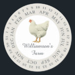 Vintage Farm Hen Encircled Date Egg Carton Grey Classic Round Sticker<br><div class="desc">Rustic and simple chicken egg carton labels with your business name in off-black modern typography on a grey background features a stylish vintage hen print. Simply add your homestead name to the label and circle the correct date of your farm fresh eggs. Exclusively designed for you by Happy Dolphin Studio....</div>