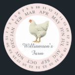 Vintage Farm Hen Encircled Date Egg Carton Pink Classic Round Sticker<br><div class="desc">Rustic and simple chicken egg carton labels with your business name in off-black modern typography on a pastel pink background features a stylish vintage hen print. Simply add your homestead name to the label and circle the correct date of your farm fresh eggs. Exclusively designed for you by Happy Dolphin...</div>
