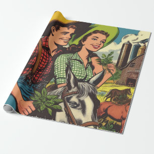Vintage Farm Love Couple Comics Wrapping Paper