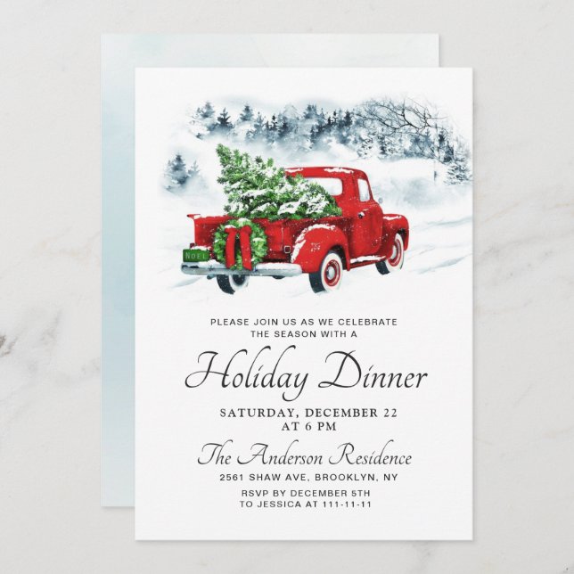 Vintage Farm Red Truck Christmas Holiday Dinner Invitation (Front/Back)