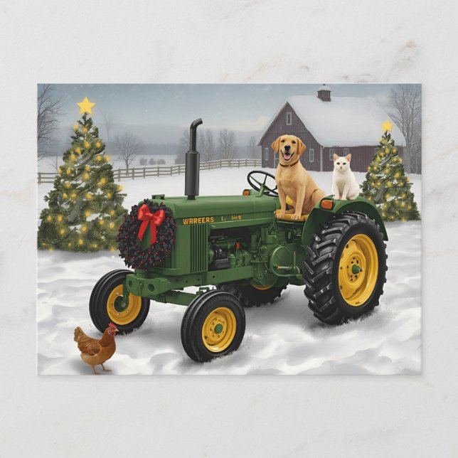 Vintage Farm Tractor Dog Cat Holiday Postcard (Front)