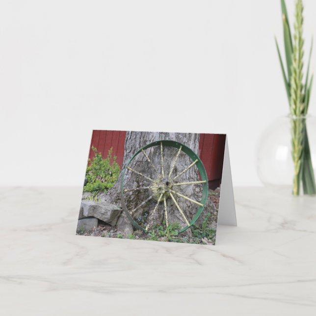 Vintage Farm Wheel by Barn  Holiday Card (Front)