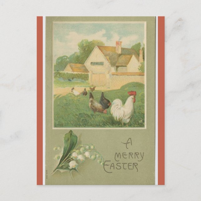 Vintage Farm With Chickens Easter Postcard (Front)