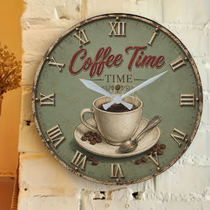 Vintage Farmhouse Coffee Time Rustic Kitchen Decor Large Clock