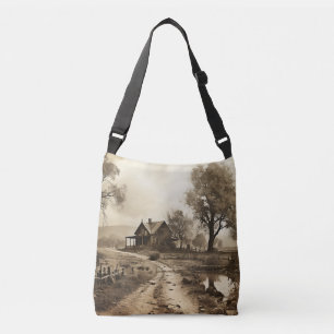 Vintage Farmhouse Dirt Road Picket Fence Toile Crossbody Bag