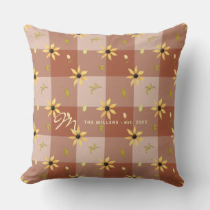 Vintage farmhouse floral terracotta buffalo check cushion