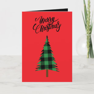 Vintage Farmhouse Green Black Buffalo Check Tree Holiday Card