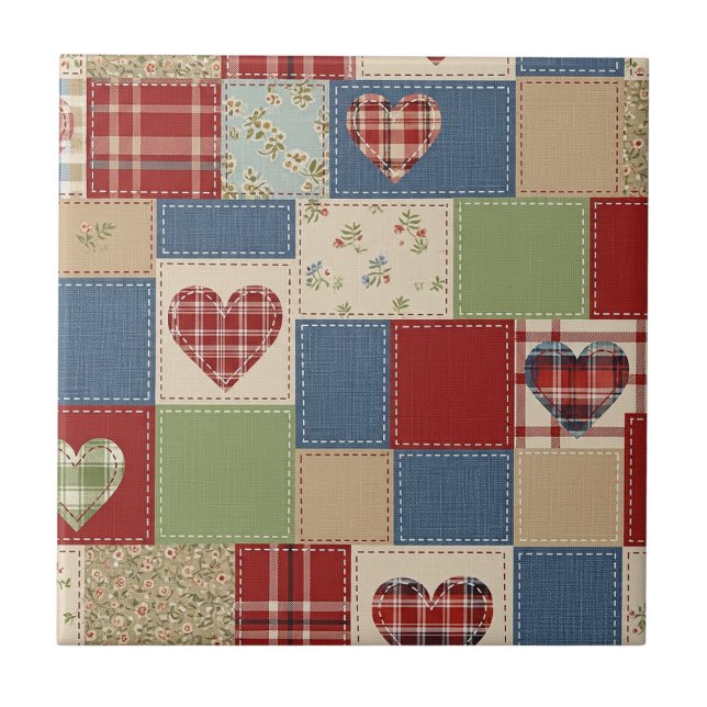 Vintage Farmhouse Heart Quilt Patchwork Print Tile (Front)
