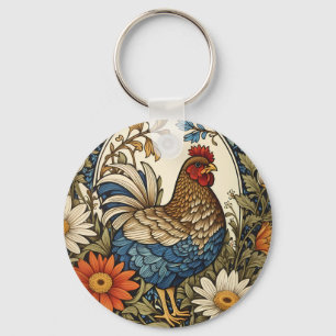Vintage Farmhouse Hen and Daisy Flowers Key Ring