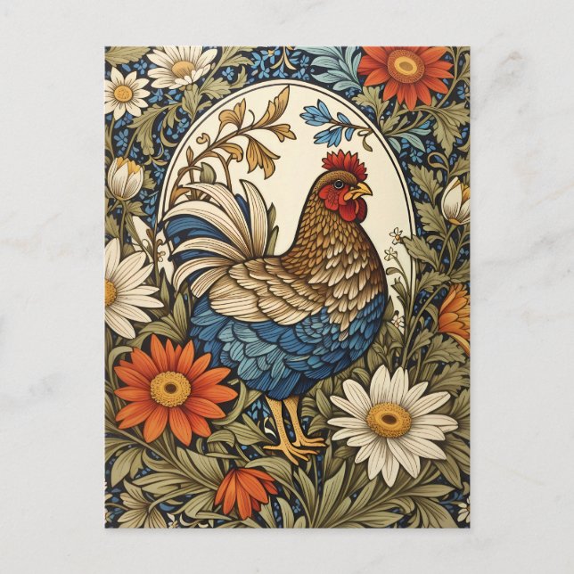 Vintage Farmhouse Hen and Daisy Flowers Postcard (Front)