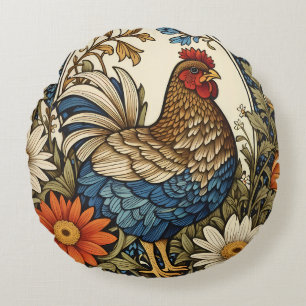 Vintage Farmhouse Hen and Daisy Flowers Round Cushion