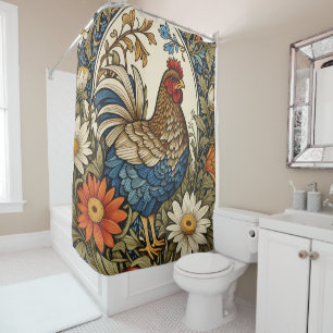 Vintage Farmhouse Hen and Daisy Flowers Shower Curtain