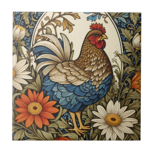 Vintage Farmhouse Hen and Daisy Flowers Tile