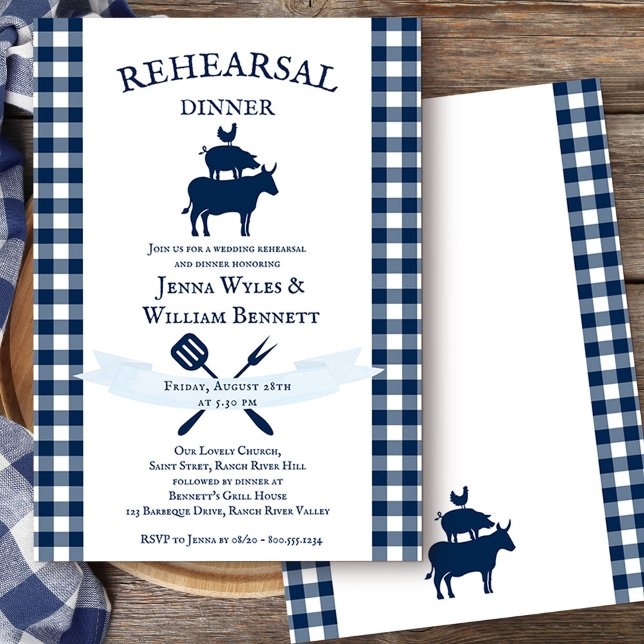 Vintage Farmhouse Navy Gingham Rehearsal Dinner Invitation (Wedding Rehearsal Dinner invitation from my rustic farmhouse BBQ collection)