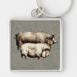 Vintage Farmhouse Pig Country Antique Livestock Key Ring