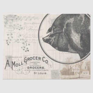 Vintage Farmhouse Pig Grocery Decoupage Paper