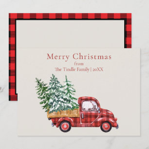 Vintage Farmhouse Red Black Buffalo Check Truck Holiday Card