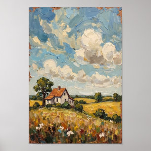 Vintage Farmhouse Rural Landscape Art Poster