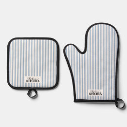 Vintage Farmhouse Ticking Stripe Blue  Oven Mitt & Pot Holder Set