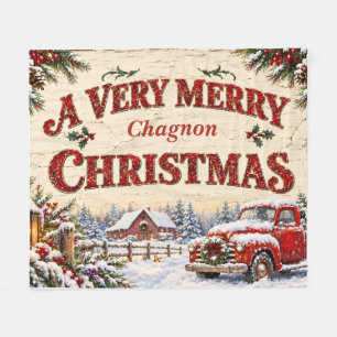 Vintage Farmhouse Xmas RedTruck Fleece Blanket