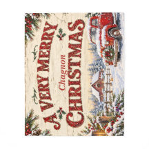 Vintage Farmhouse Xmas RedTruck Fleece Blanket