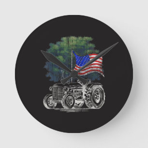 Vintage Farming Tractor American Flag Patriotic Fa Round Clock