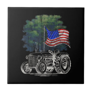 Vintage Farming Tractor American Flag Patriotic Fa Tile