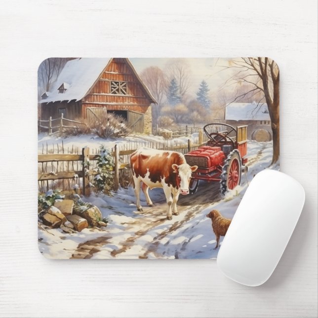 Vintage Farmyard Cow Tractor Winter Mouse Pad (With Mouse)