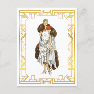 Vintage Fashion Flapper Fur Cape Evening Gown Postcard