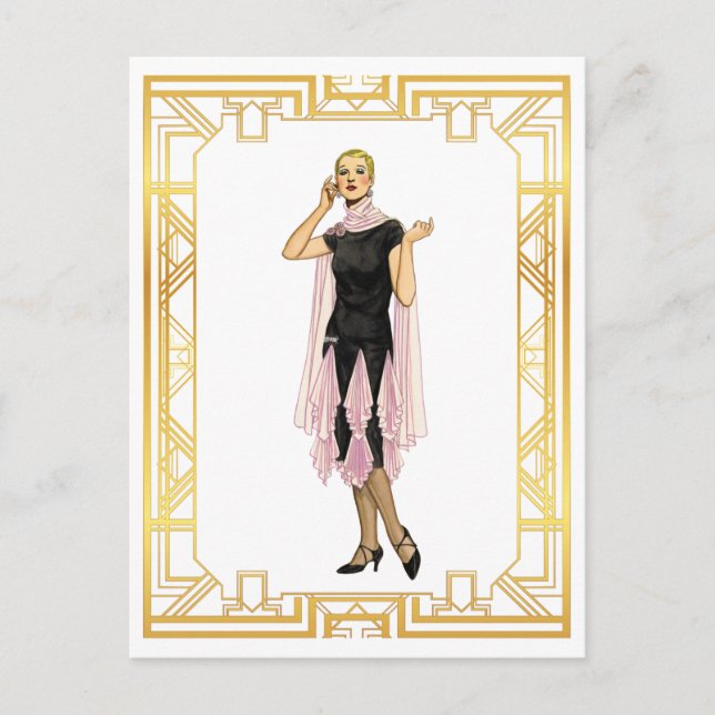 Vintage Fashion Flapper Pink and Black Dress Postcard (Front)