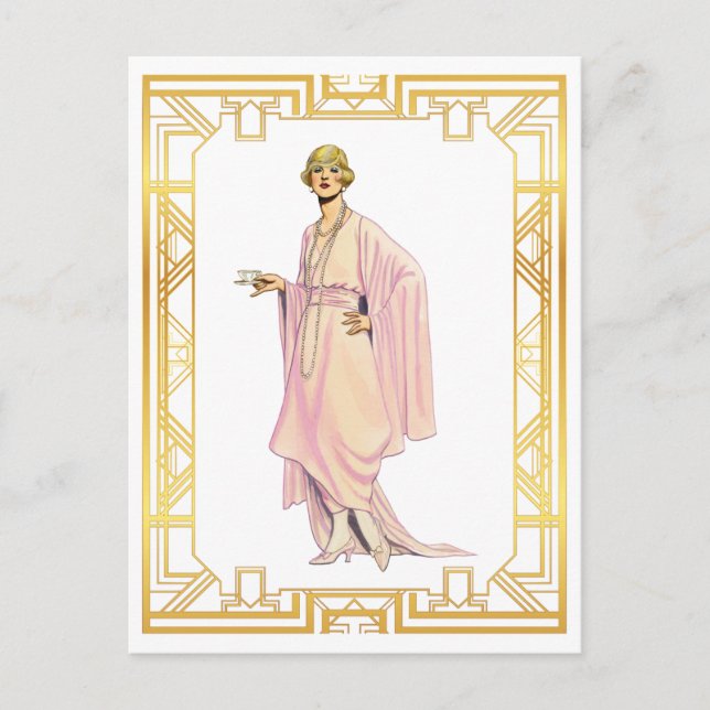 Vintage Fashion Flapper Pink Tea Time Dress Postcard (Front)