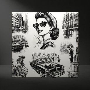 Vintage Fashion Girl Drawing Tile