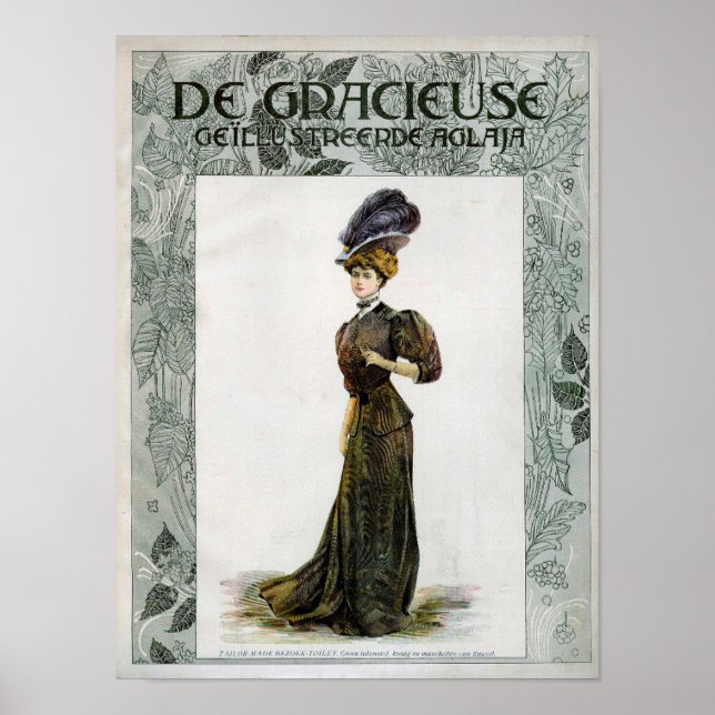 Vintage Fashion Illustration Lady Feather Boa Hat  Poster (Front)